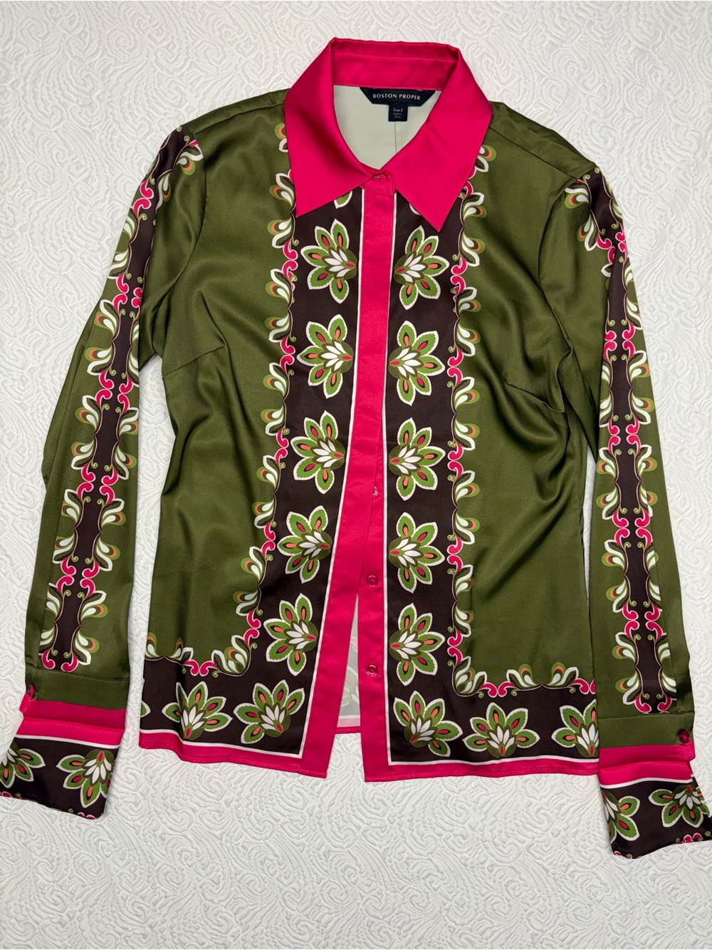 London Print Sophia Charmeuse Boston Proper Olive Green Floral Print Blouse